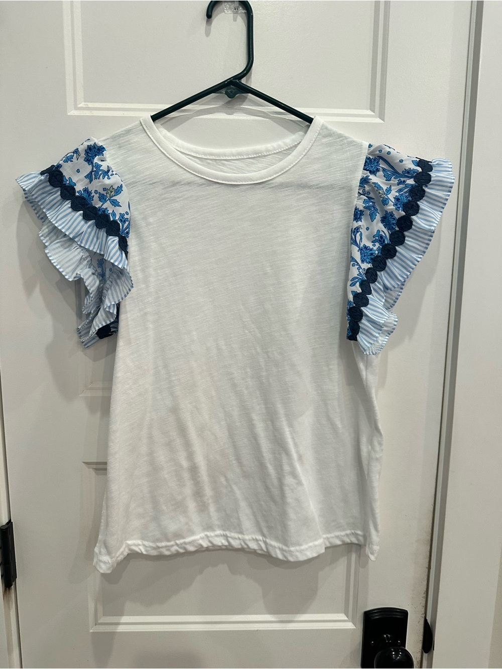 White Tee with Blue Ruffle Floral Sleeves